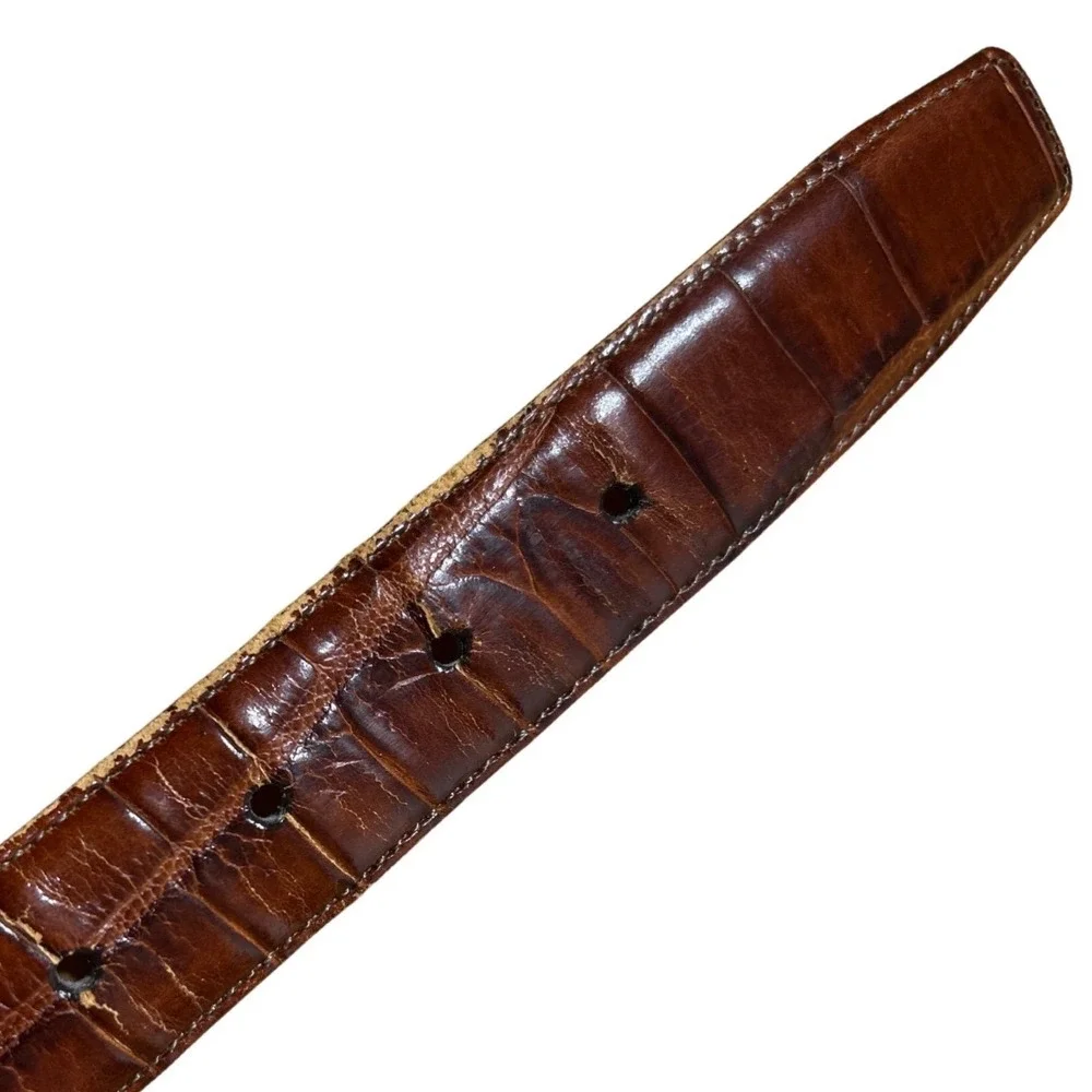 Brighton Brown Embossed Calfskin Leather Belt Gold Buckle Size L (30-43)